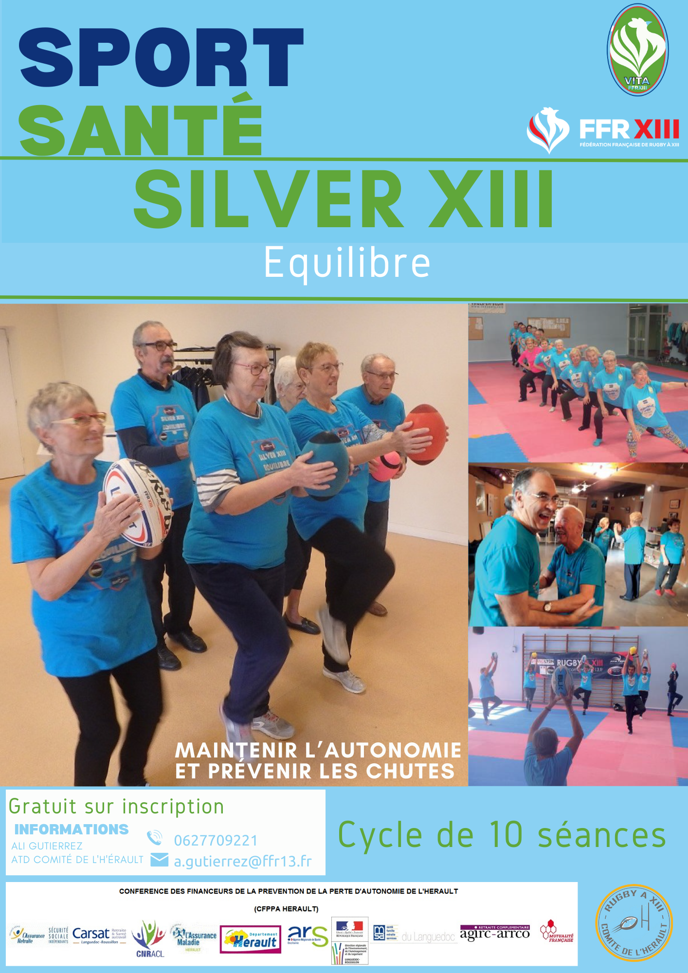 Affiche du dispositif Silver XIII, sur laquelle des seniors font des exercices d'équilibre, un ballon de rugby en mains.