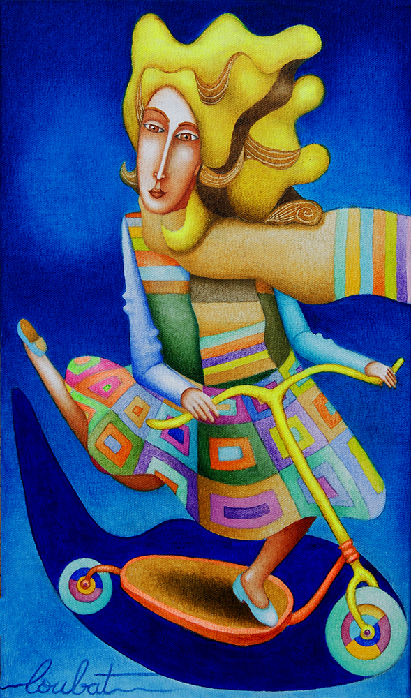 Un tableau de Philippe Loubat représentant une jeune femme blonde à trottinette