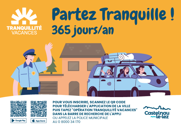 Une illustration sous forme d'affiche montrant un policier disant au-revoir à des vacanciers qui partent de leur domicile