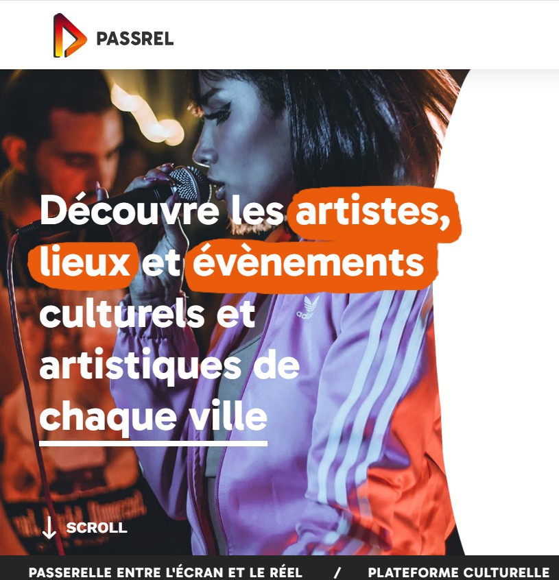 La page d'accueil du site Passrel comporte en arrière-plan des personnes dans un contexte festif, et au premier plan la phrase "Découvre les artistes, lieux et événements culturels et artistiques de chaque ville"