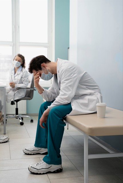 Un médecin épuisé assis sur un banc