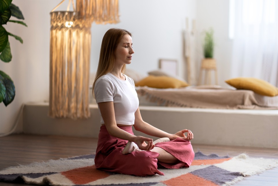 Une jeune femme en position du lotus dans son salon