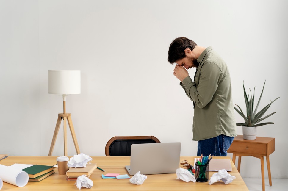 Un homme accablé, debout près de son bureau