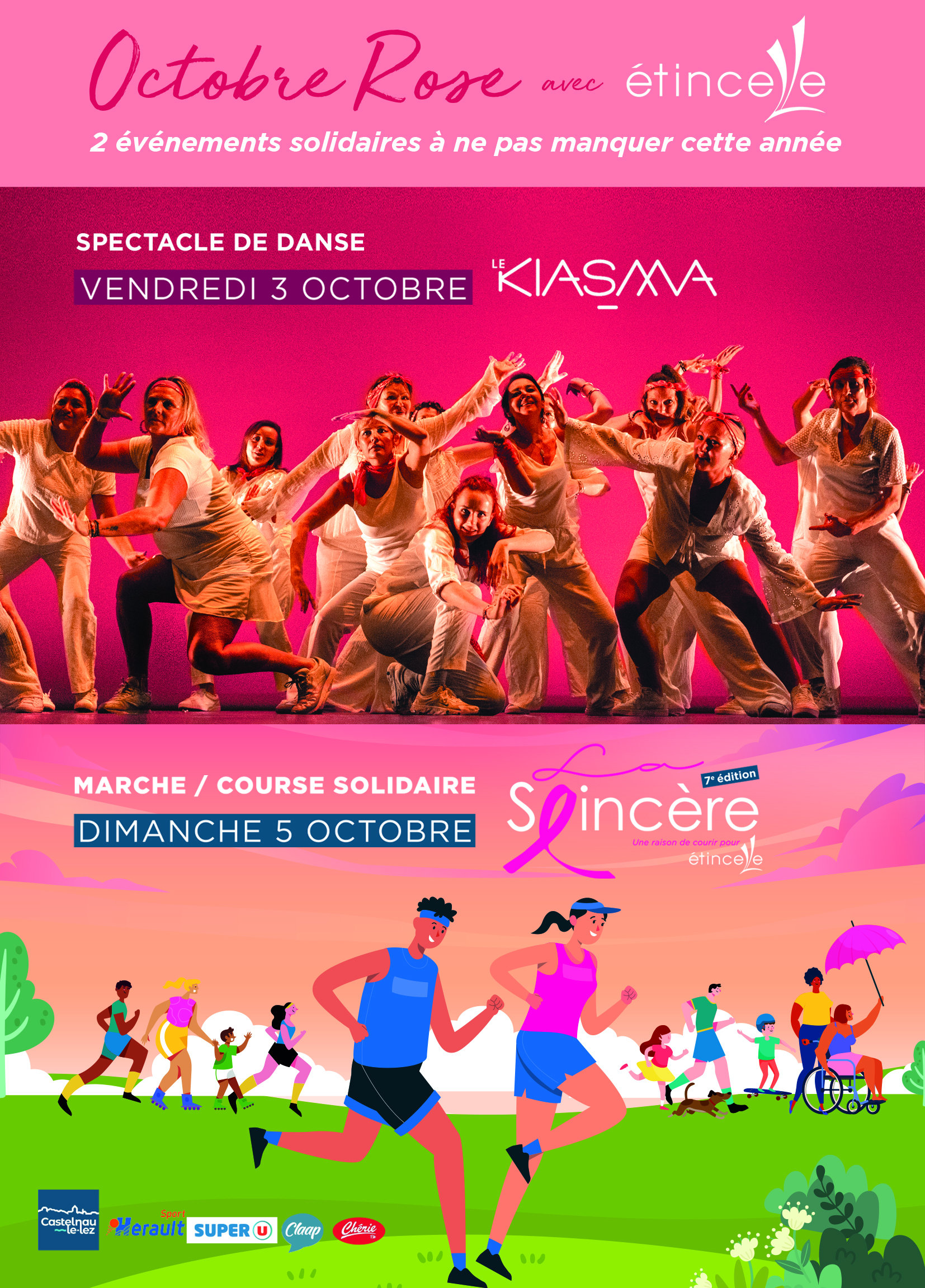 affiche sur fond rose faisant la promotion du spectacle et de la course organisées par Etincelle Occitanie