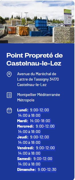 Affichette bleue avec les horaires de la déchetterie de Castelnau-le-Lez