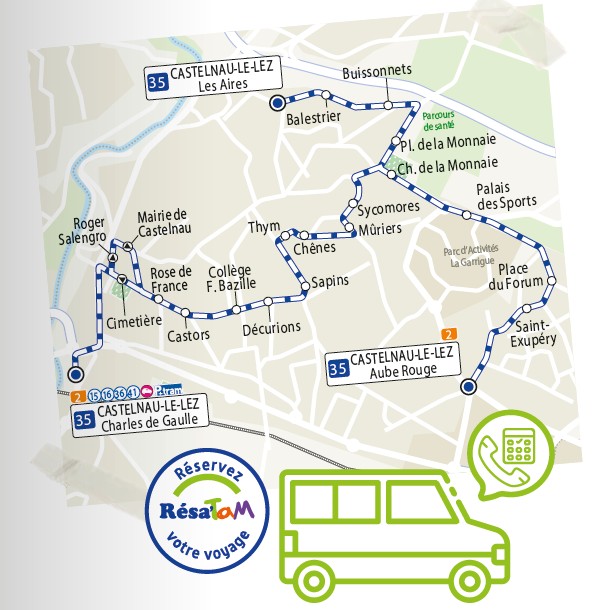 Le circuit du bus 35 matérialisé sur une carte géographique de Castelnau-le-Lez