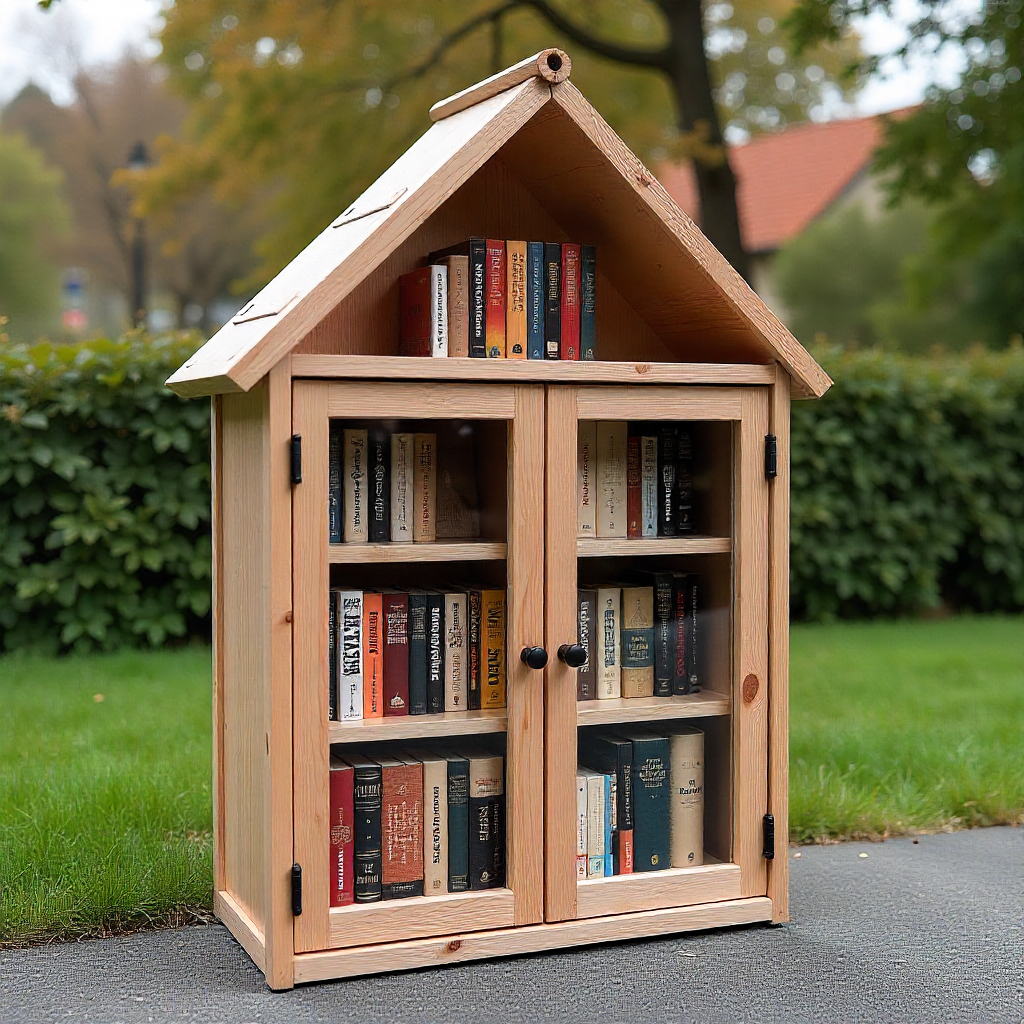 Des livres posés sur les étagères d'une boîte à livres en bois, avec une vitrine