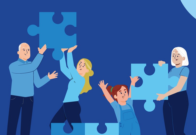 personnages seniors, adultes et enfants tenant des pièces de puzzle