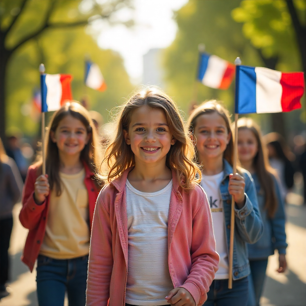 Des enfants tenant des drapeaux français à la main
