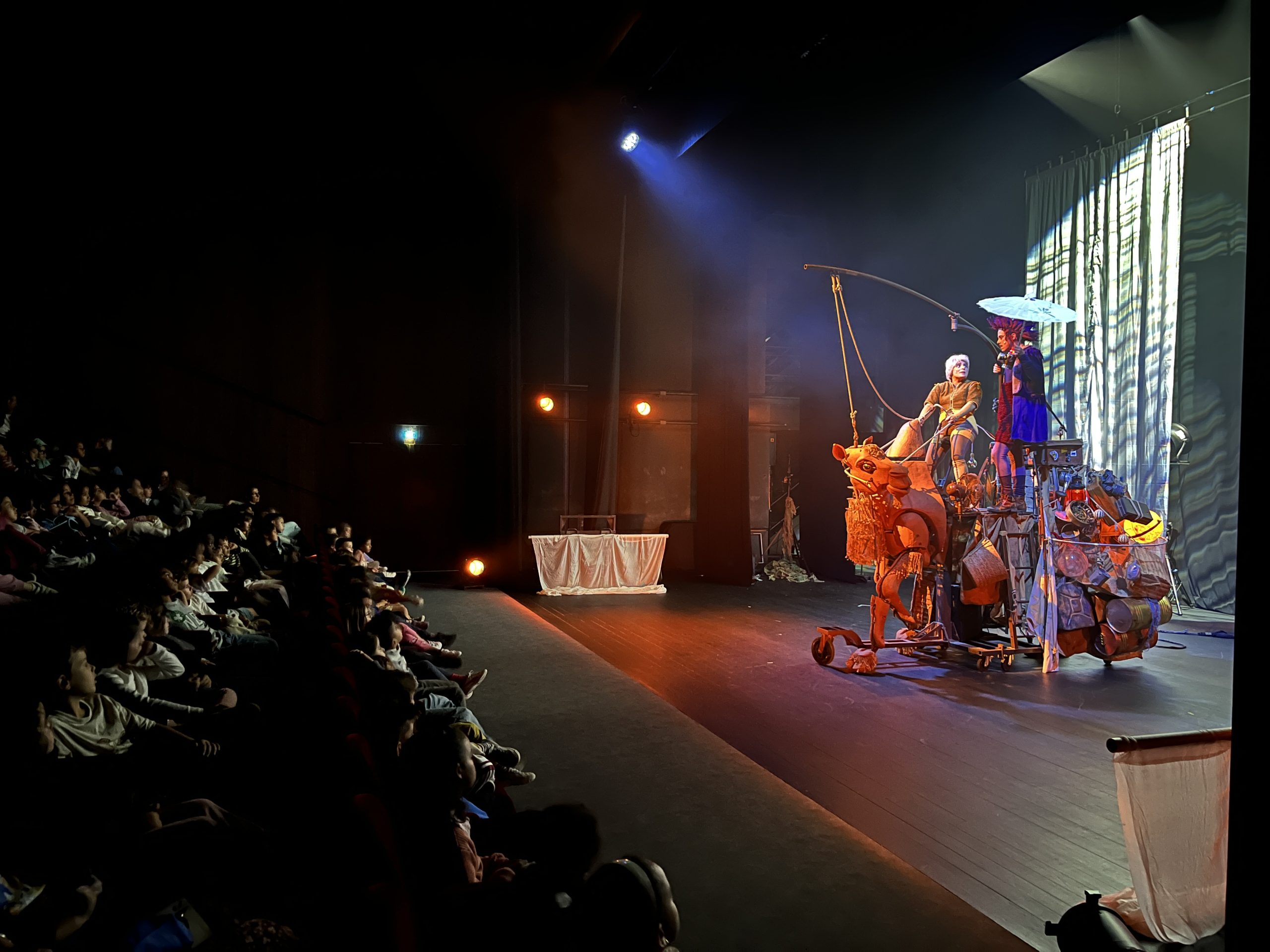Représentation du spectacle "A dos de chameau" au Kiasma, devant des écoliers, vue de profil sur la scène et les jeunes spectateurs