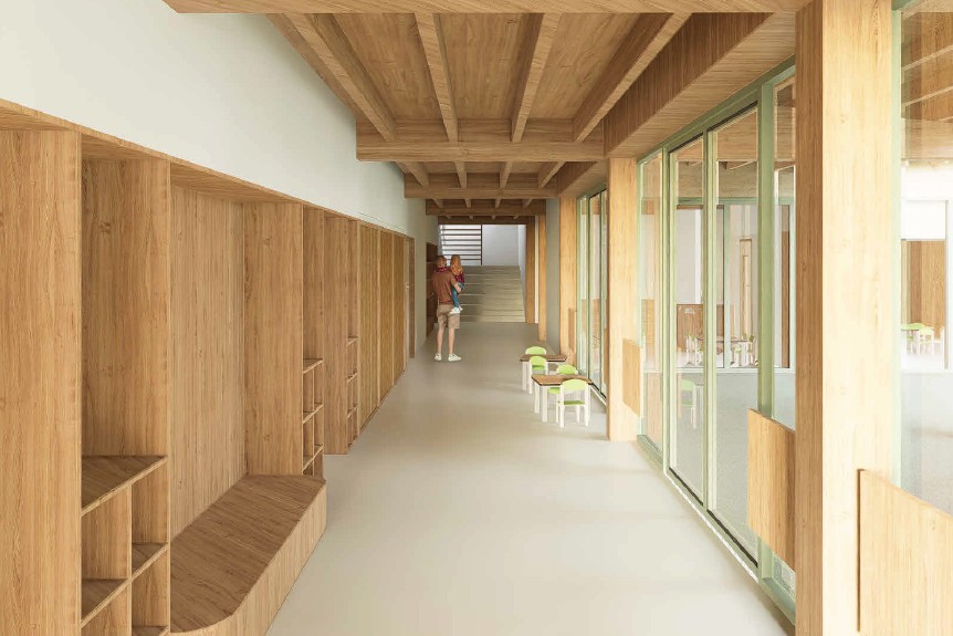 Vue sur le couloir du rez-de-chaussée de la crèche La Ruche à Castelnau-le-Lez