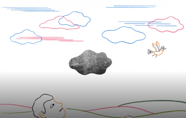 Dessin d'un petit nuage gris qui flotte dans le ciel parmi des nuages blancs, au-dessus de la tête d'un homme