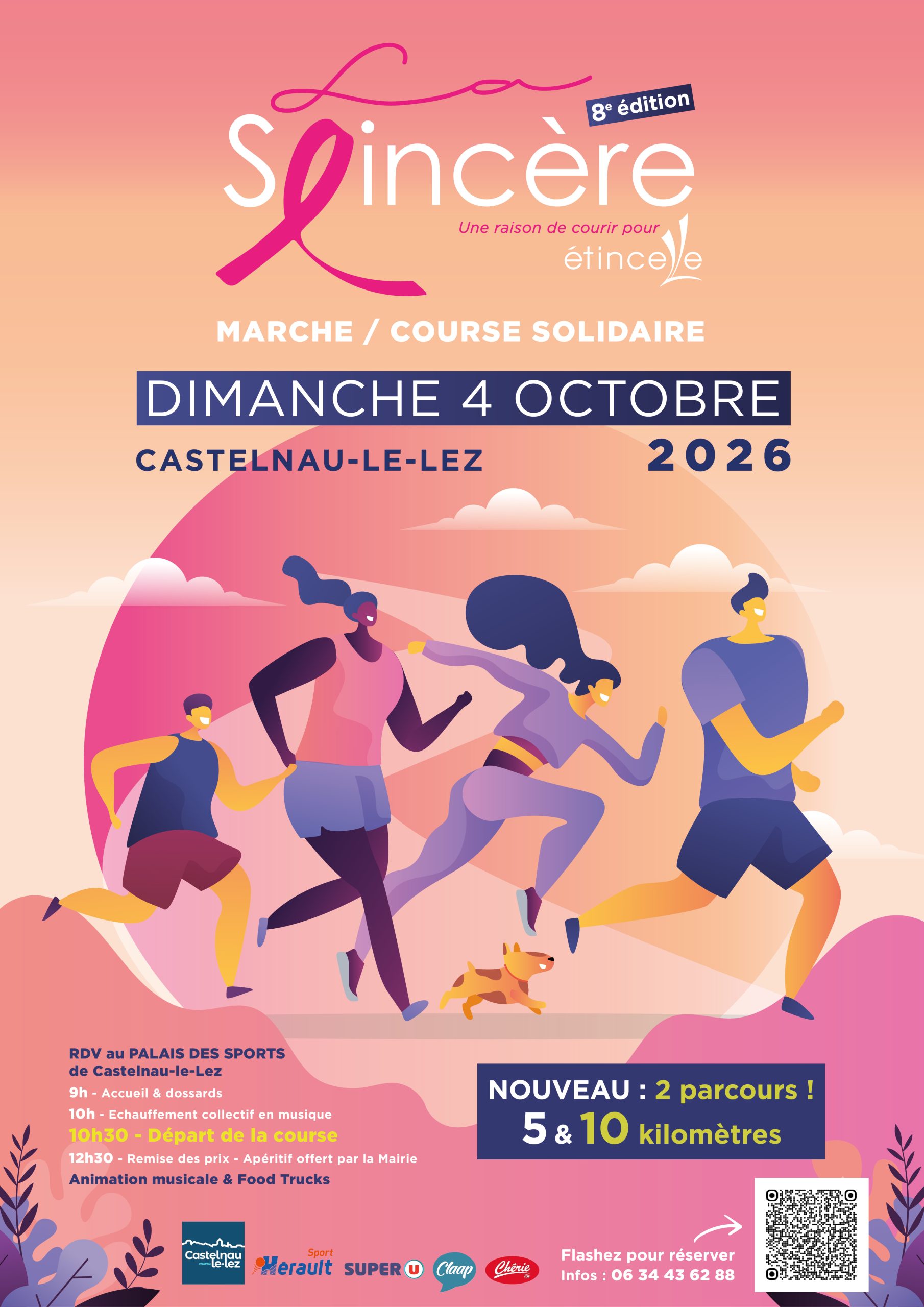Une affiche pour la course La Seincère 2026 avec des personnes qui courent sur fond rose